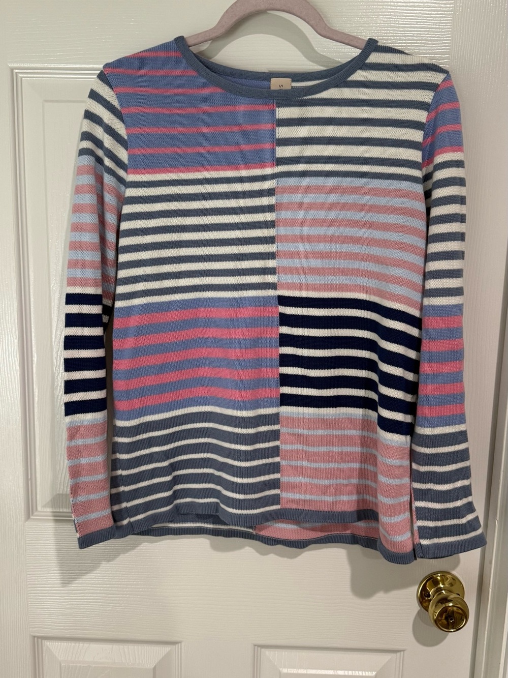 Striped Patchwork Crewneck Sweater - Blue, Pink & Gray